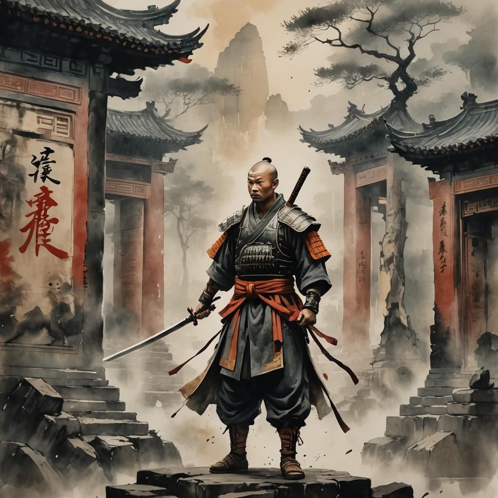 Shaolin Warrior in Roman Attire: Ink Wash Painting