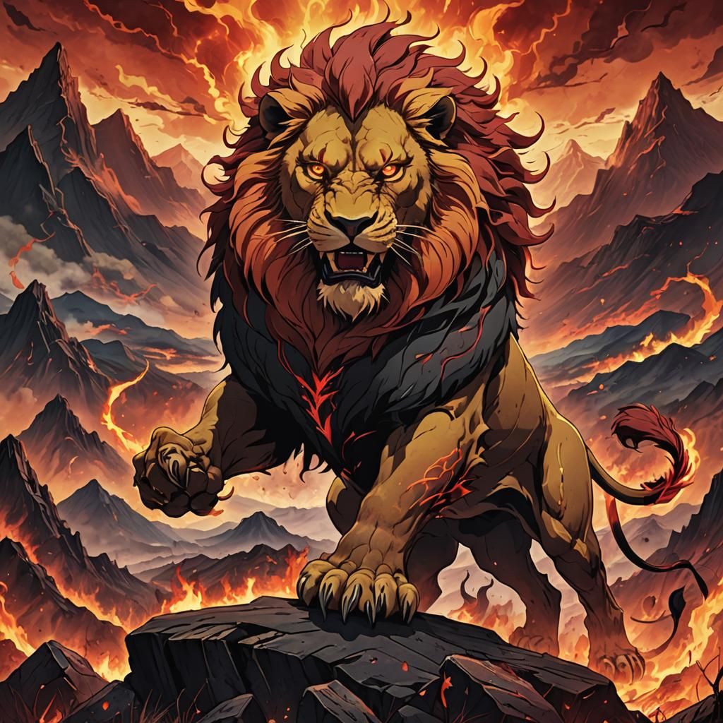 Lion Demon in Hellish Landscape: Anime Art