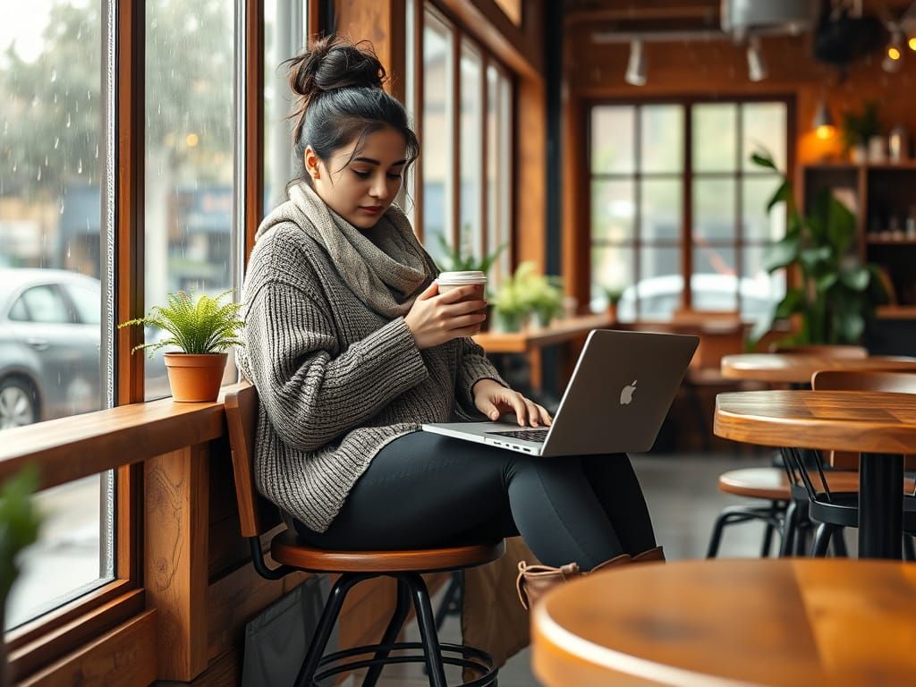 Indian Influencer Girl in Cozy Coffee Shop on Rainy Afternoo...
