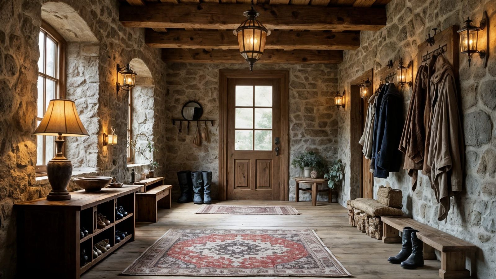 Rustic Entryway with Exposed Beams and Natural Textures