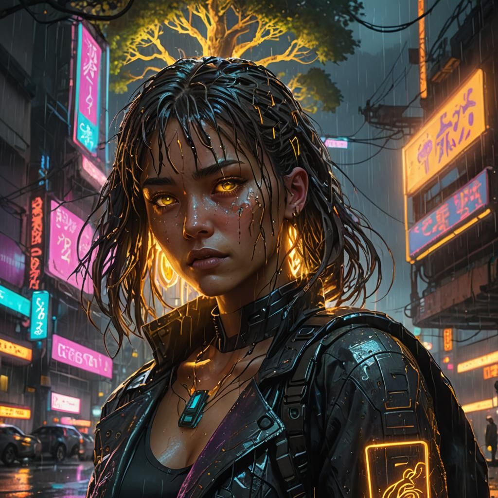 Cyborg in Rainy Cyberpunk Street Scene
