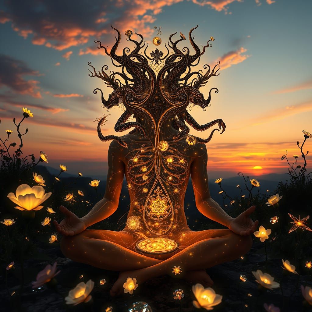 Mystical Man Meditating in Surreal Labyrinth of Light