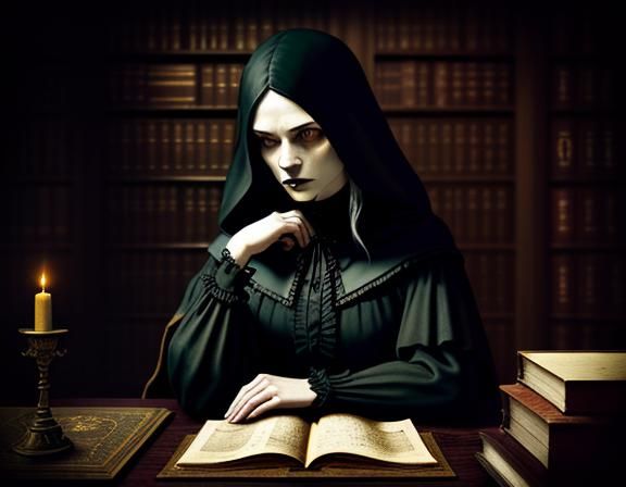 Gothic Woman Reading in Dimly Lit Library