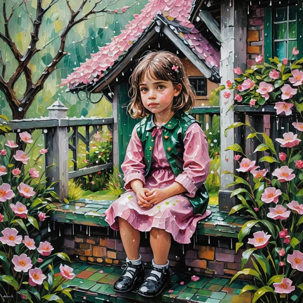 Girl in Fairy Cottage Balcony: Impasto Painting