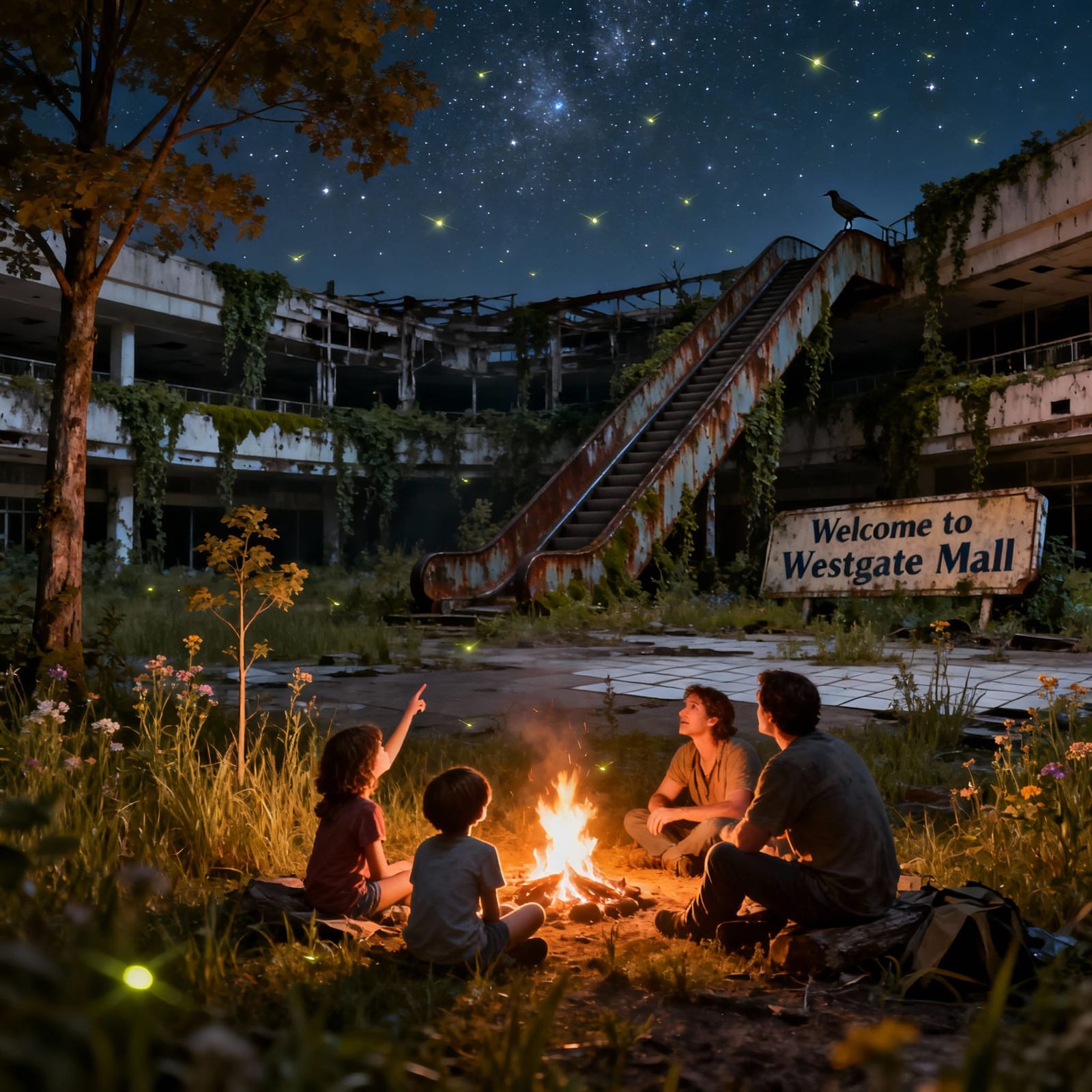 Family Camping Amidst Rewilded Mall Ruins
