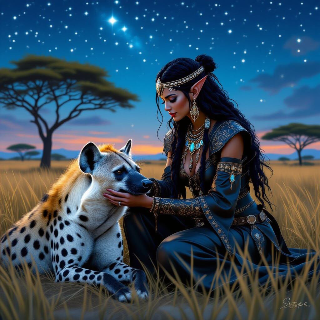 Black Elf Witch and Hyena in Savannah Night