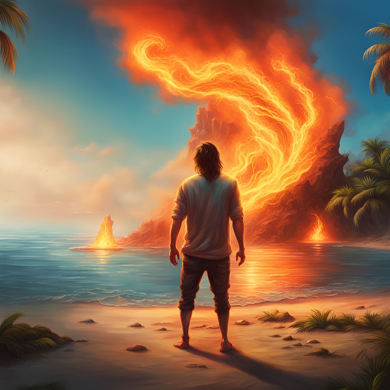 Fiery Spirit Face Over Deserted Island: Hyperrealistic Splas...