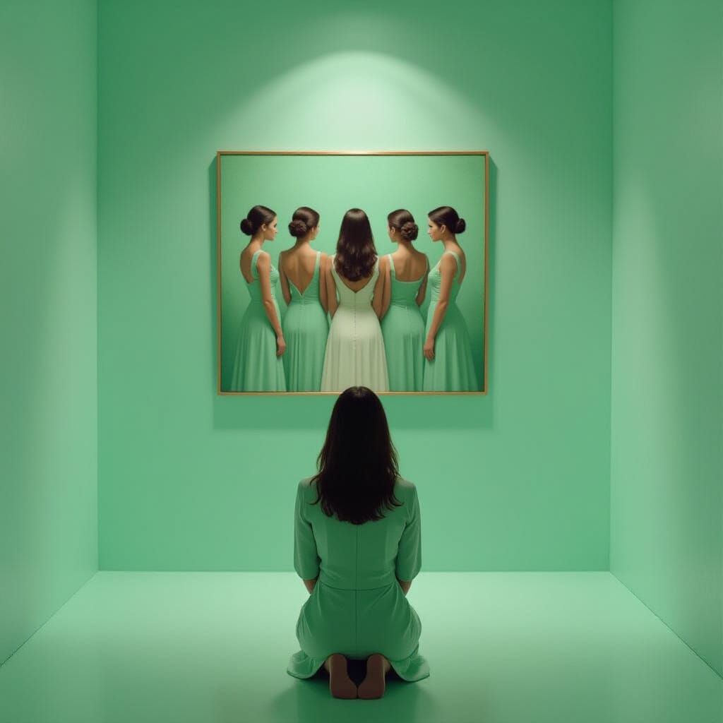 Minimalist Room With Woman Facing Surreal Art