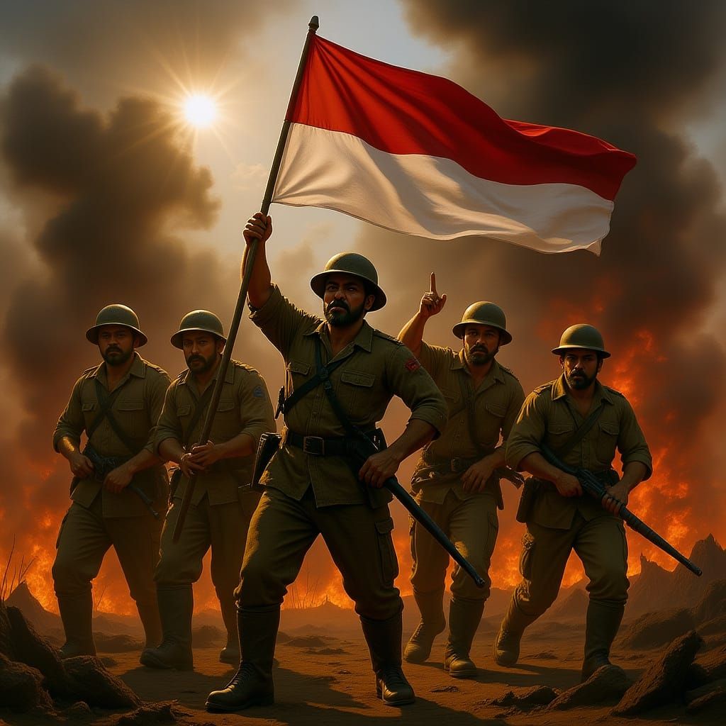 Indonesian Freedom Fighters Raise Flag on Battlefield