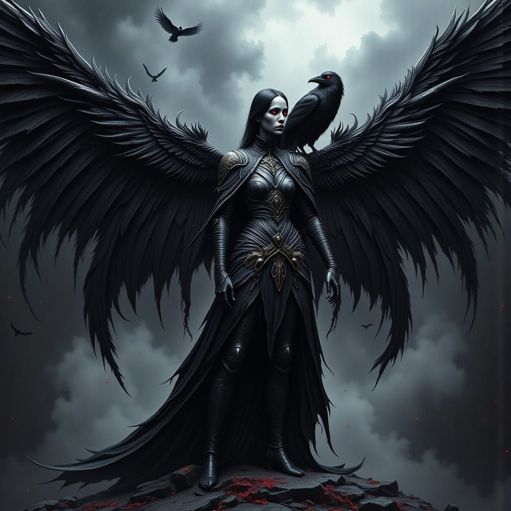 Dark Angel with Raven in Heavy Metal Style