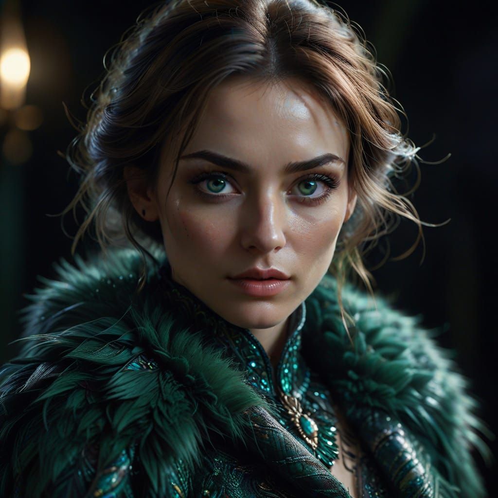 A close-up portrait of a young woman with striking violet eyes