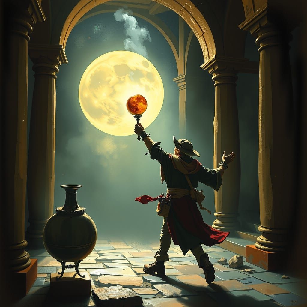 Wandering alchemist raising mysterious philosopher's stone, abstract realism, chiaroscuro moonlit temple interior, Wille...