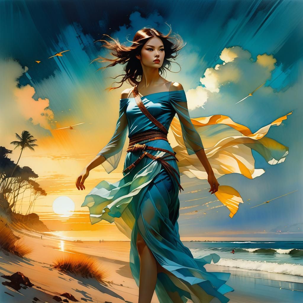 Brunette Woman in Windy, Floral Watercolour Landscape