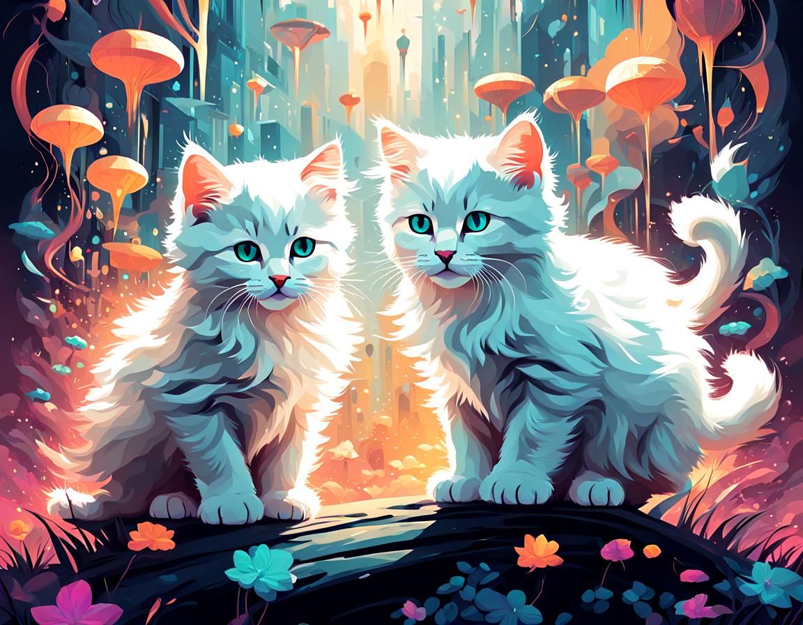 Futuristic Fluffy White Kittens with Dynamic Lighting