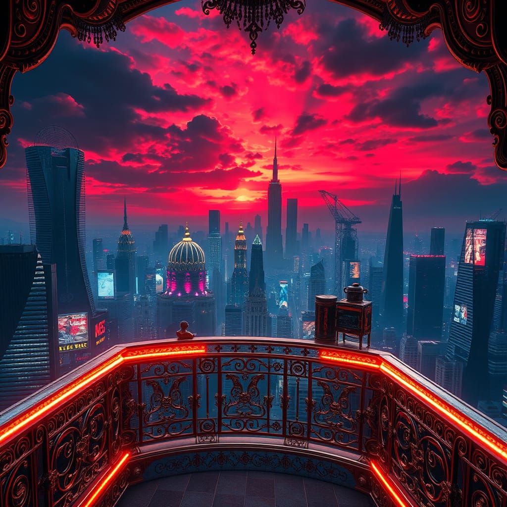 Cyberpunk Balcony Overlooking Dystopian Metropolis