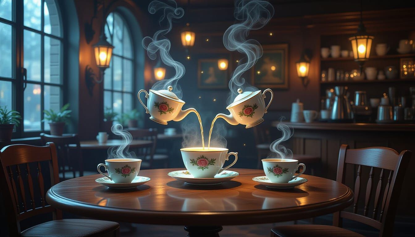 Enchanted Cafe with Floating Teacups and Magical Mist