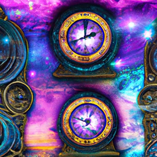 Cosmic Clocks in Astral Holographic Illustration