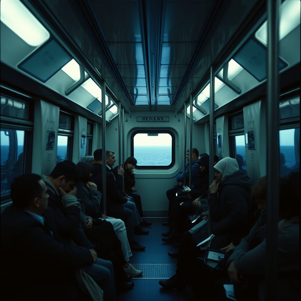 Dreary Subway Car Scene in Desaturated Navy and Gray
