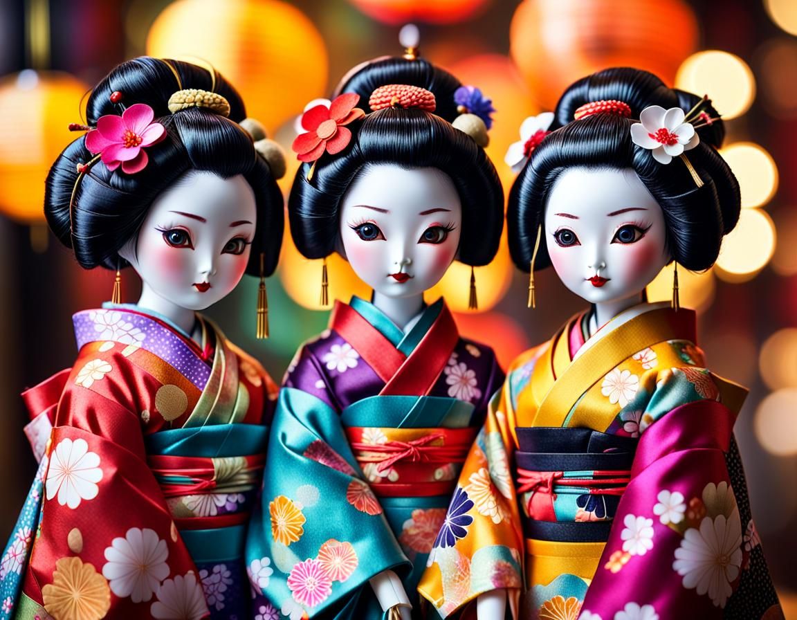 Three colorful Japanese dolls with vibrant traditional geish...