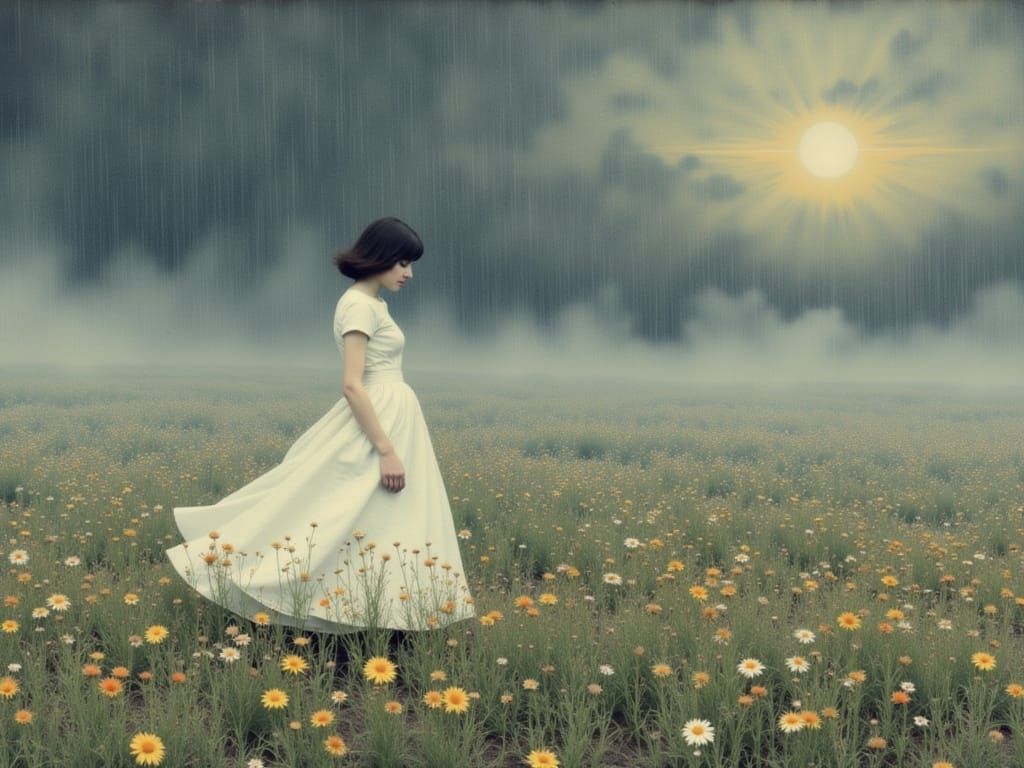 Figure in Mist with Wildflowers, in Watercolor Style