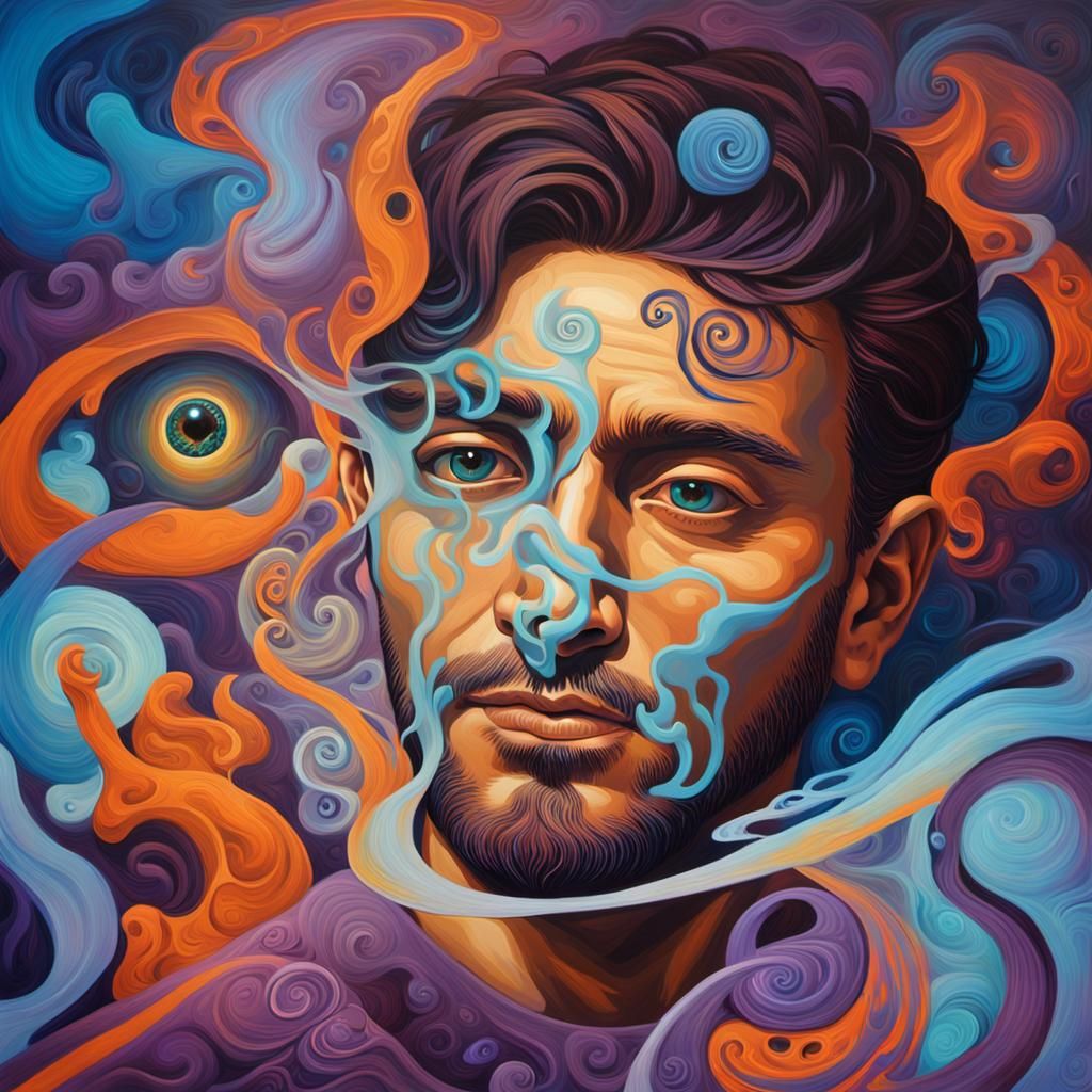 Man with Artifact in Surrealist Oil Painting