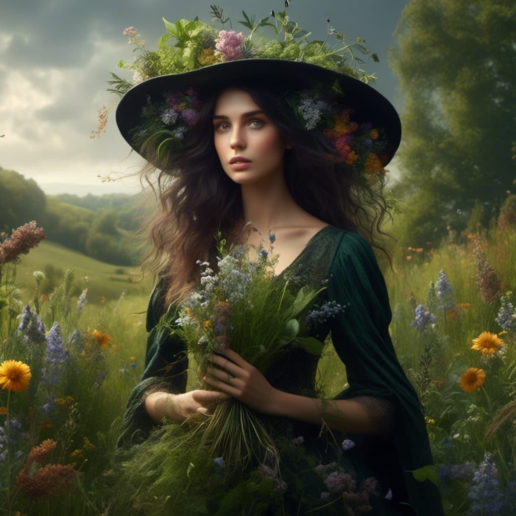 Fantasy Witch Gathering Herbs in English Countryside