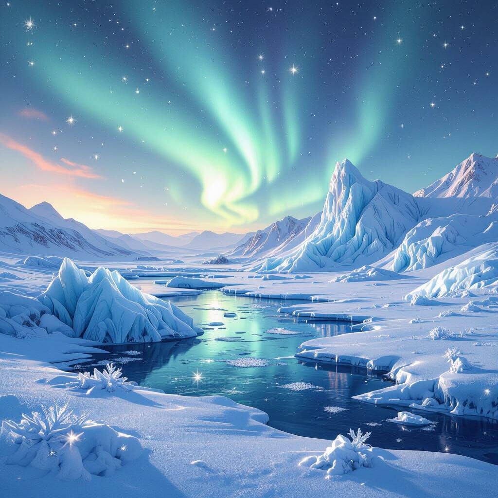 Majestic Ice Landscape with Aurora Borealis