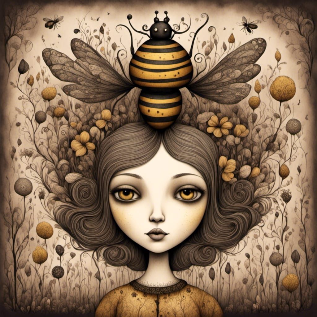Quirky Queen Bee Illustration in Gothic Surreal Style