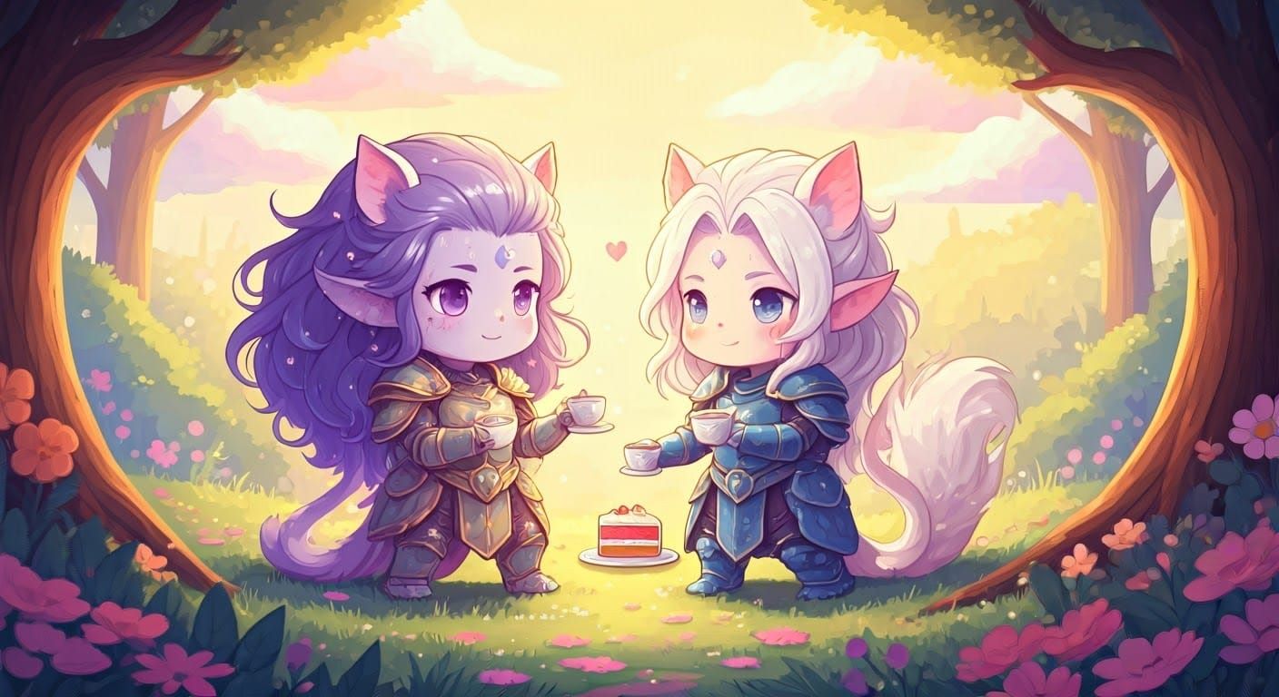 Chibi Aasimar Paladins Tea Party in Pastel Hues