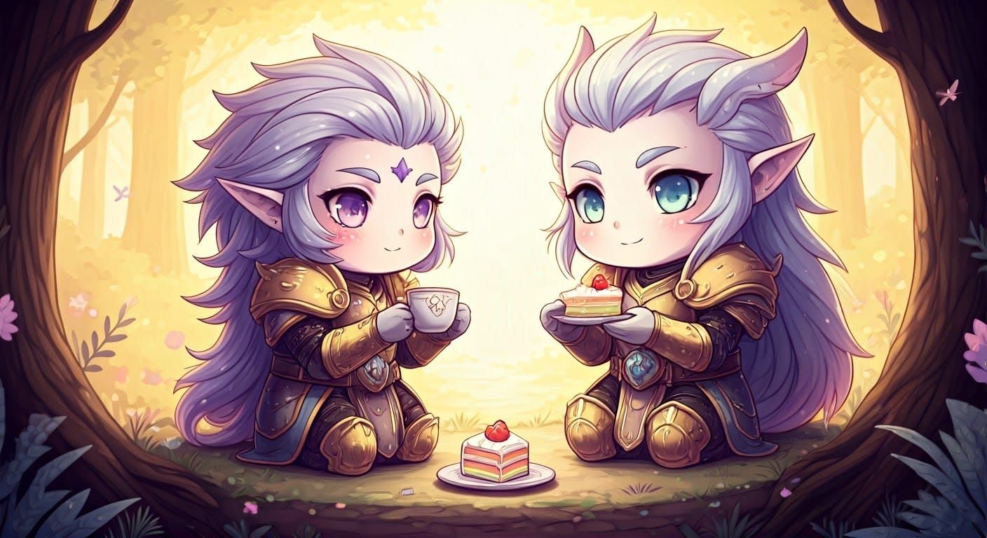 Chibi Aasimar Paladins Enjoying Cake in Whimsical Forest