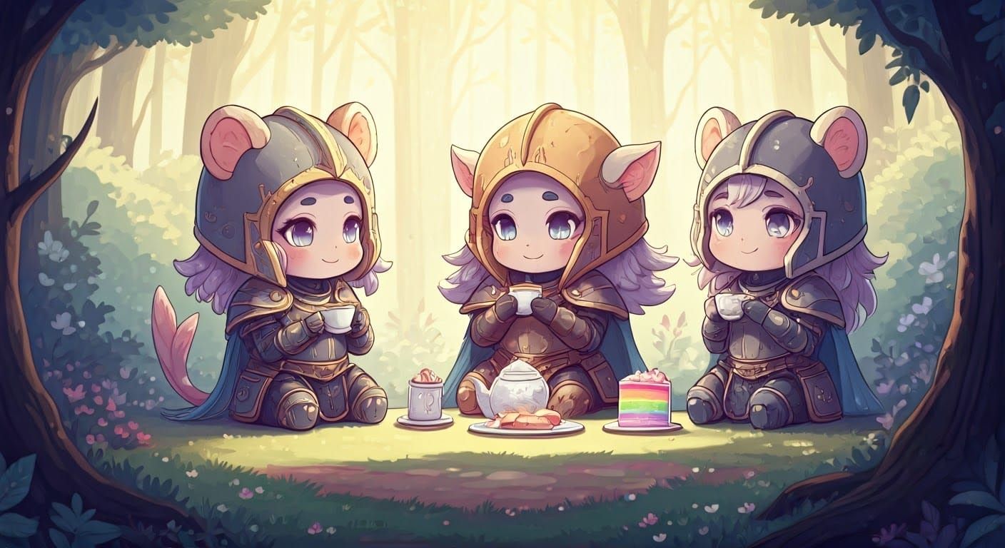 Chibi Aasimar Paladins Tea Party in Pastel Colors