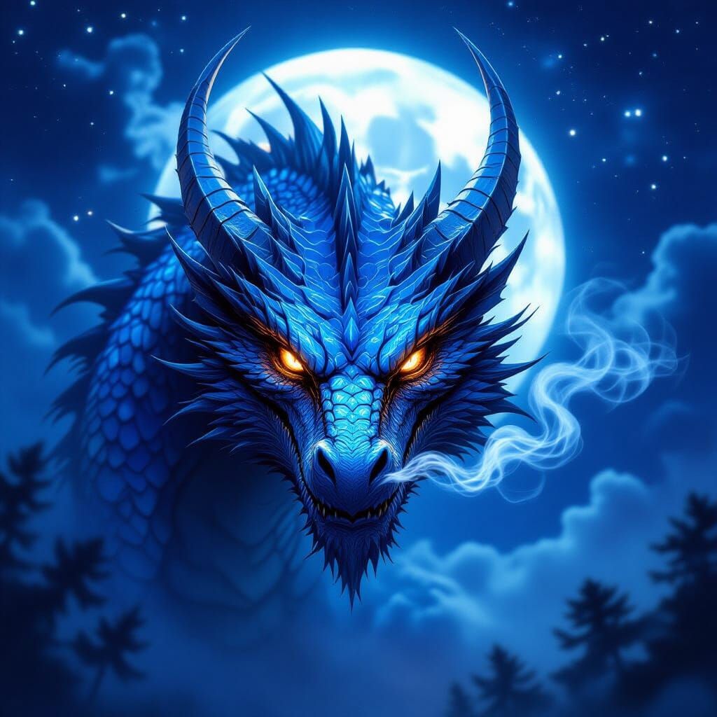 Fearsome Dragon Head in Moonlight, Dark Fantasy Art