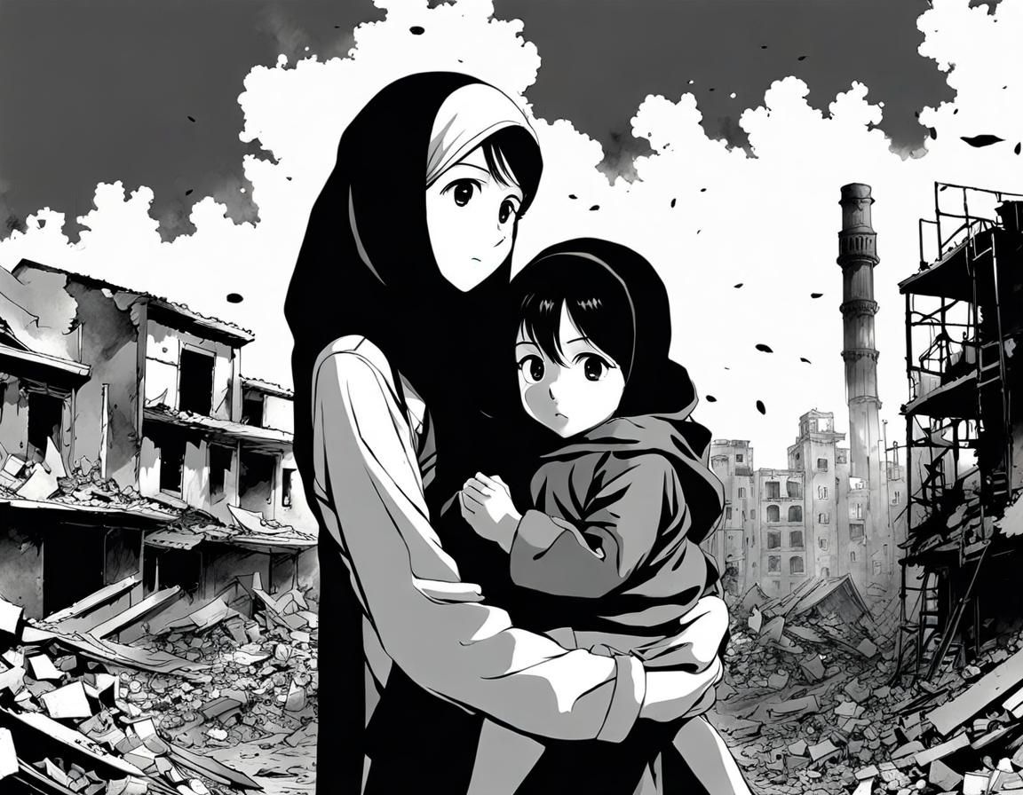 Anime Woman and Child in War-Torn City