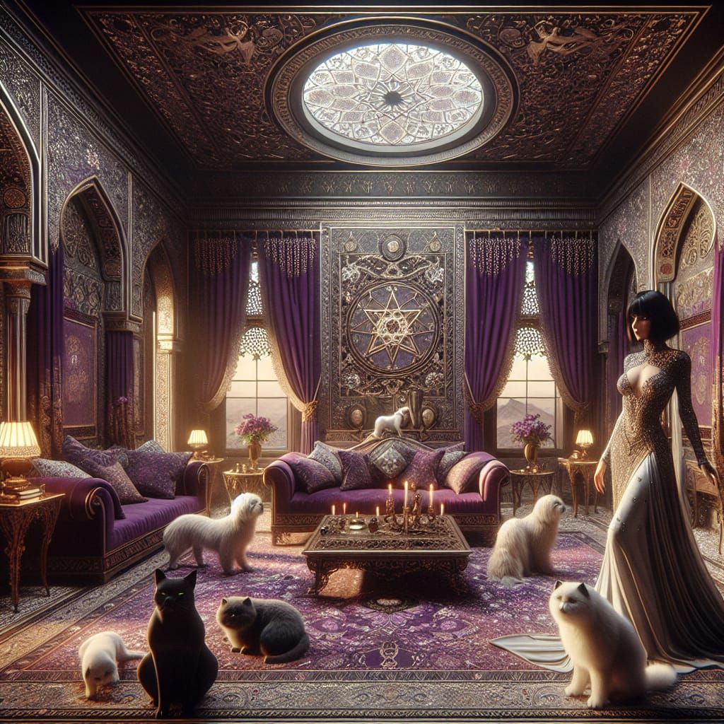 Luxurious Persian Room with Woman, Dogs, and Cats