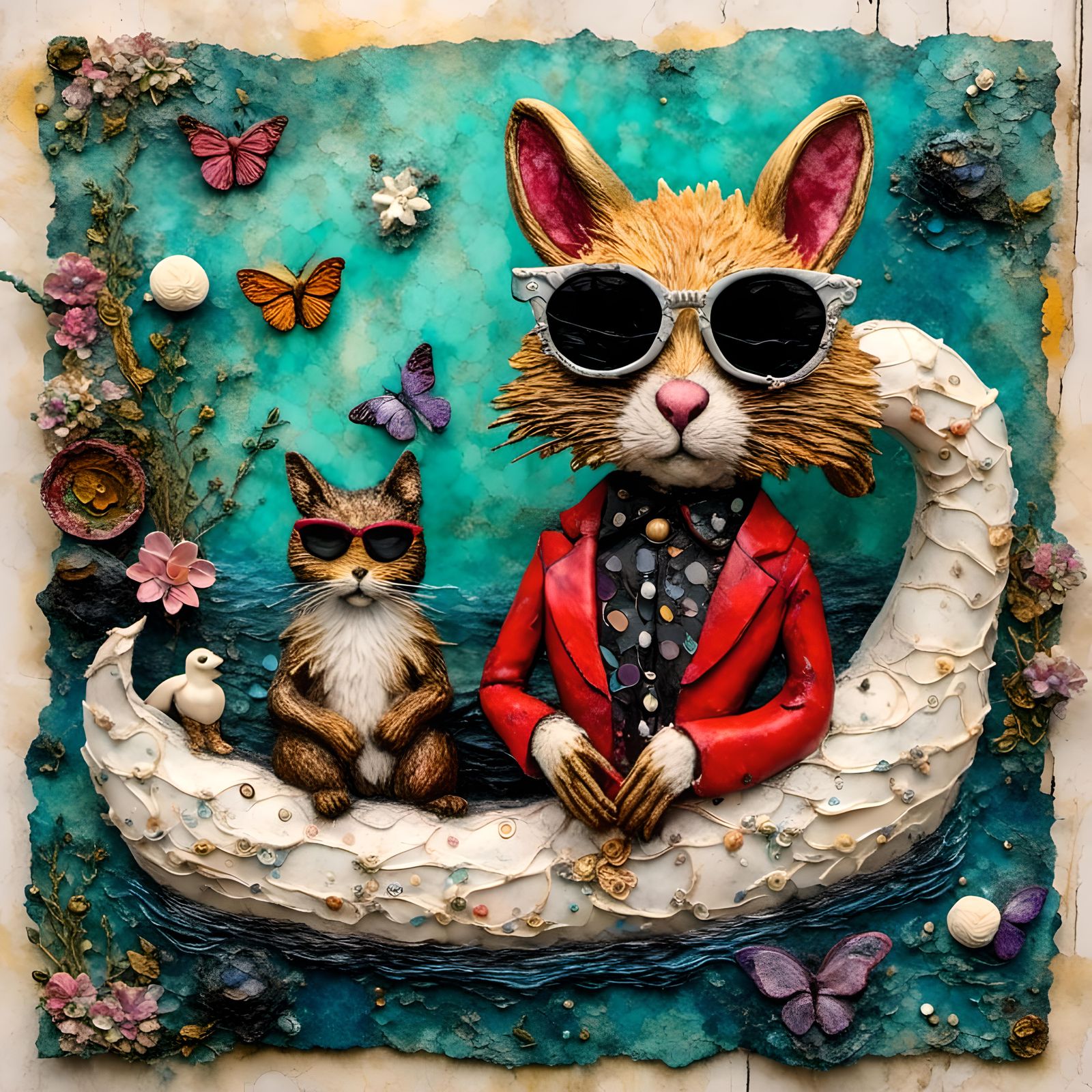 Whimsical River Trip: Cat and Squirrel Collage