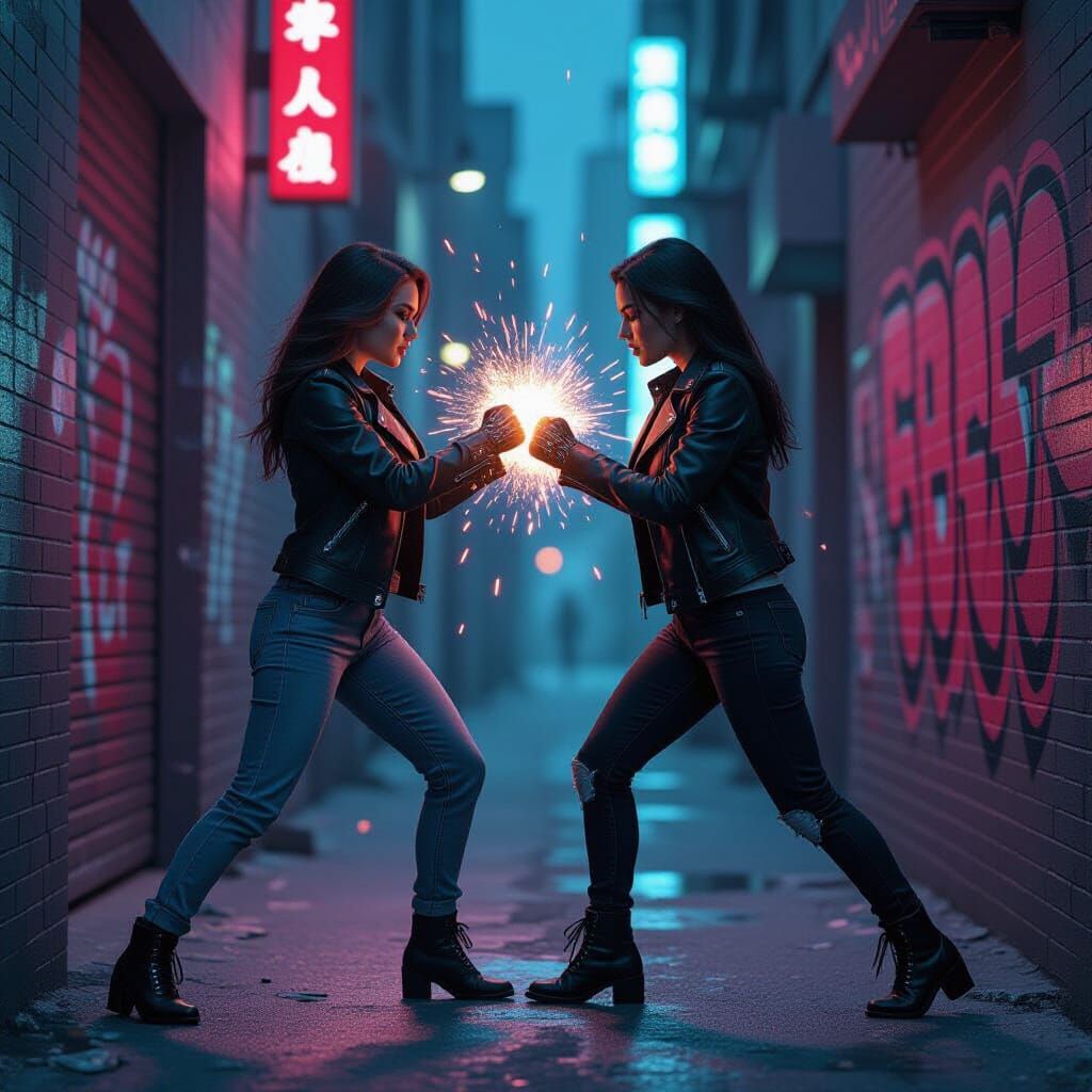 Cyberpunk Fight: Women in Leather Jackets Clash