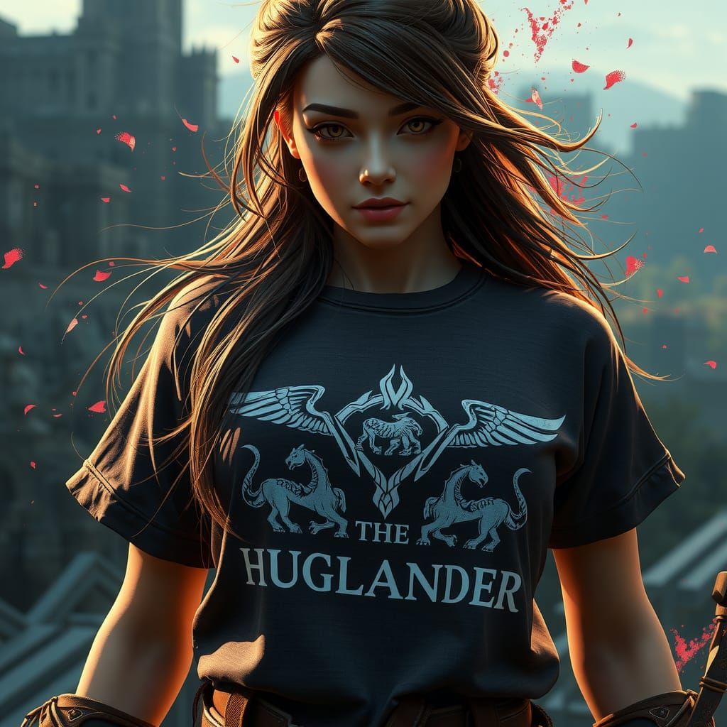 Woman in Highlander Tee: Detailed Fantasy Art