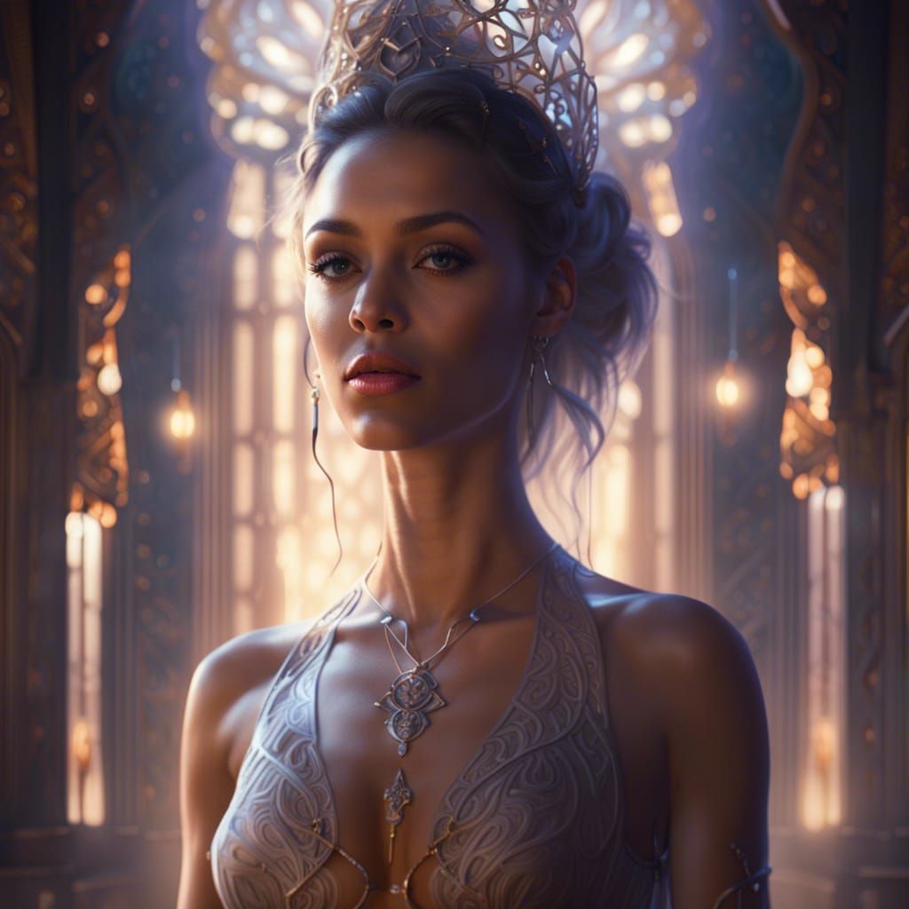 Woman in Lit Temple Hall: Fantasy Concept Art