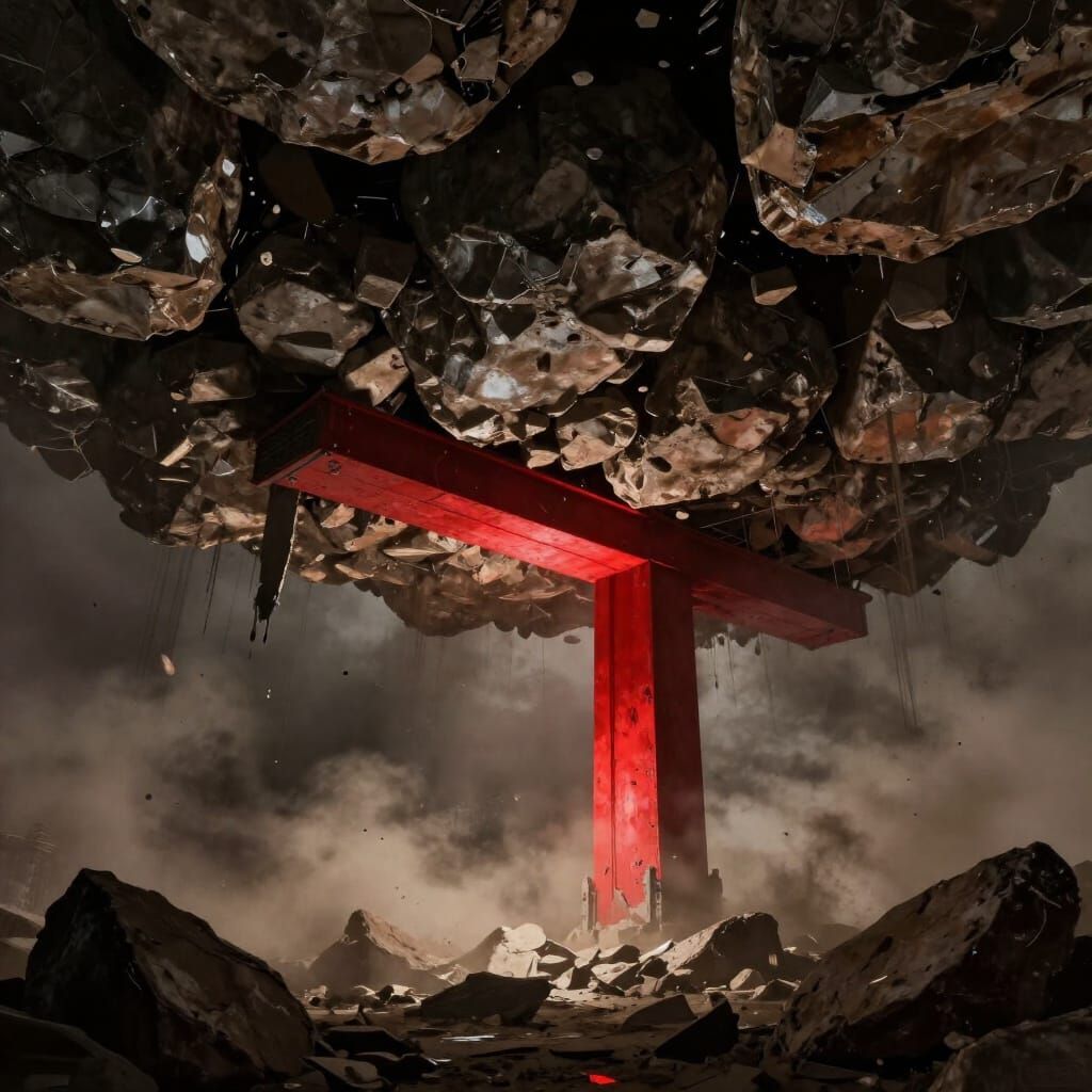 Glowing Red Support Beam Against Collapsing Ceiling