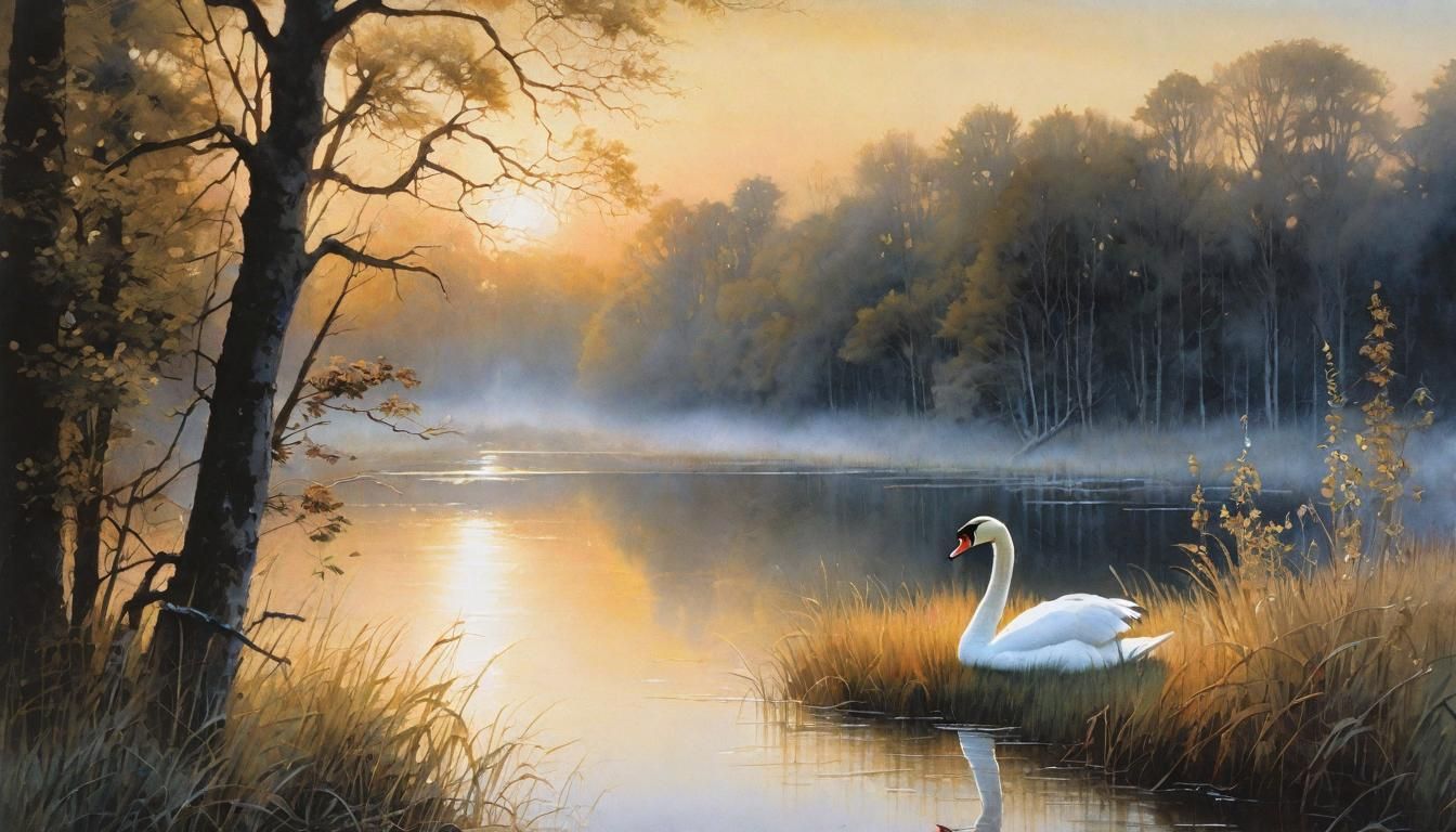 Watercolor Swan Landing on Misty Lake at Dawn