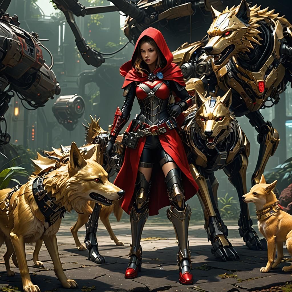 Little Red Riding Hood and Cyborg Wolf in Biopunk Style