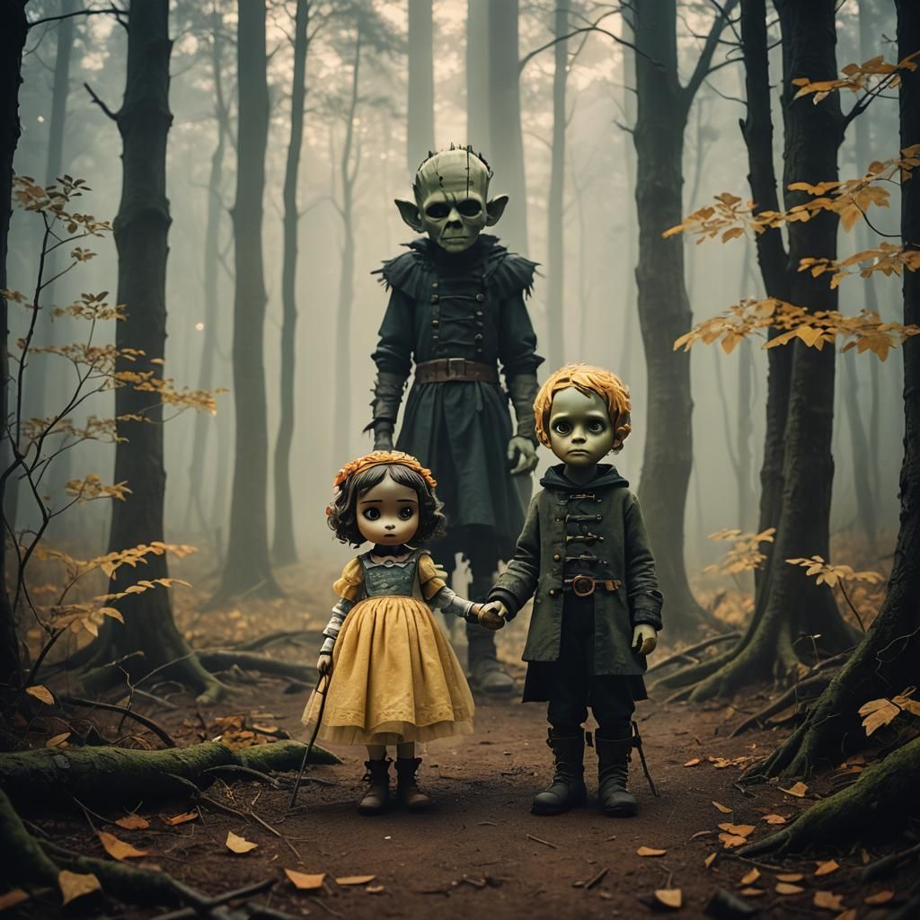 Chibi Frankenstein and Bo Peep in Misty Forest