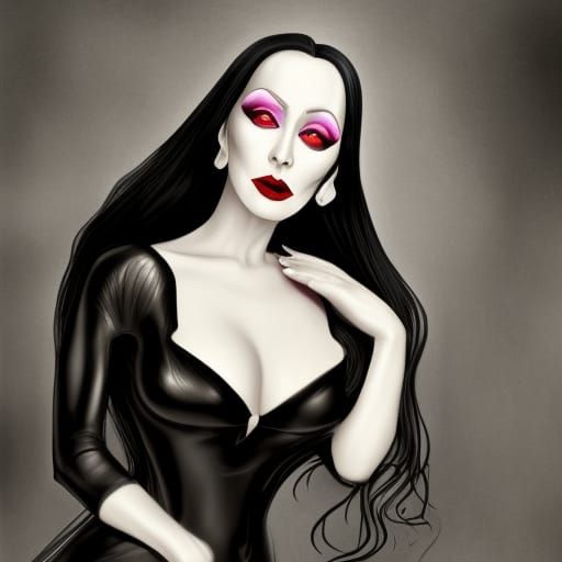 Hyperrealistic Portrait of Morticia Addams in Splash Art Sty...