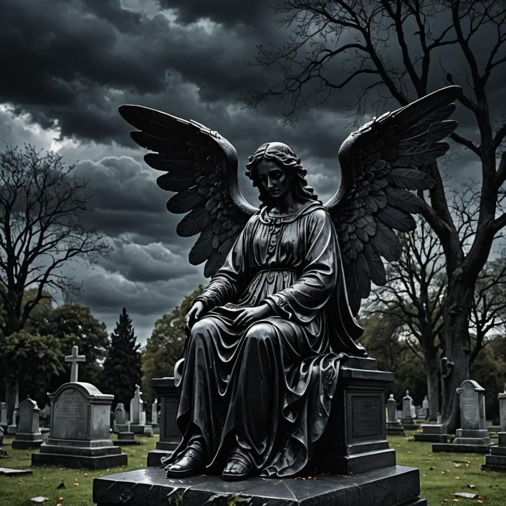 Gothic Black Stone Angel Statue in Cemetery