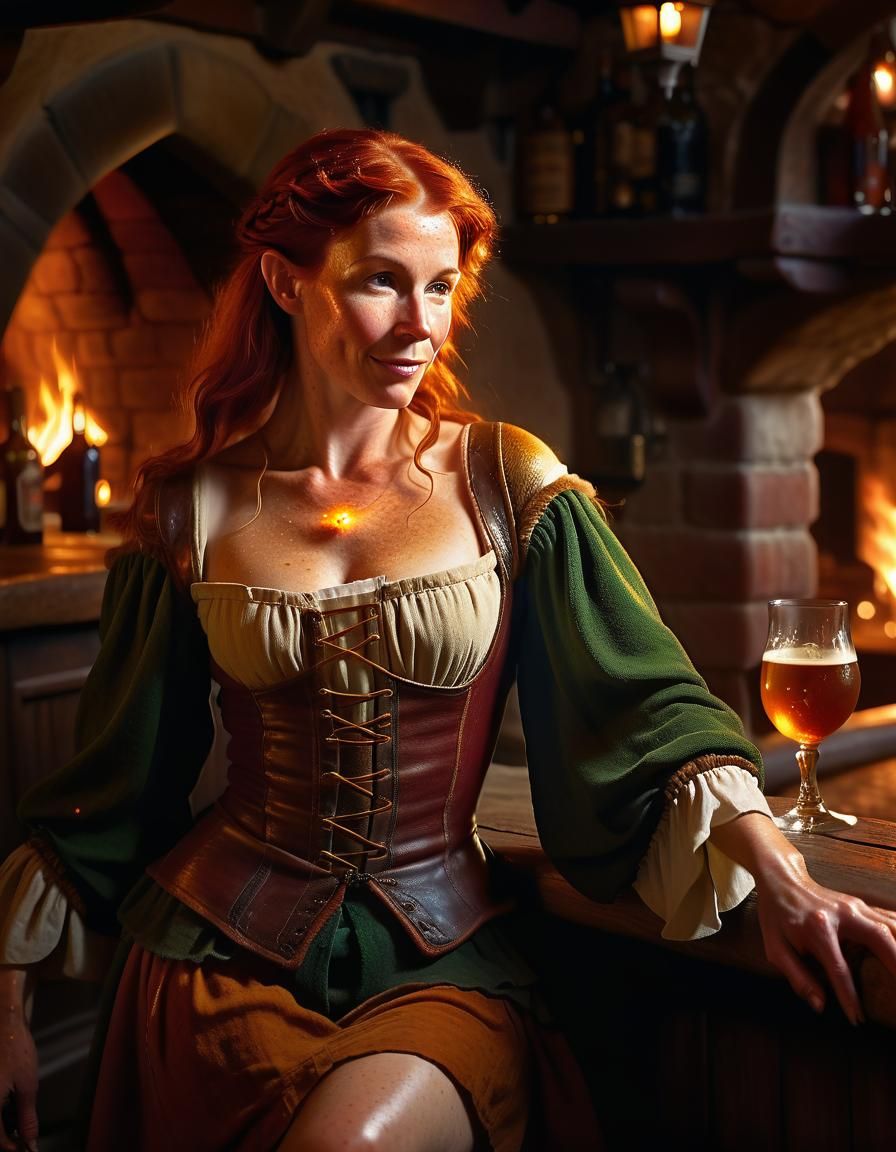 Elf Woman Lounging in Tavern: Baroque Oil Painting