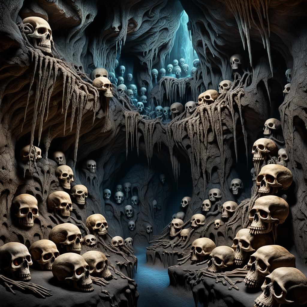 Intricate Skulls and Ghostly Skeletons in Dark Cave