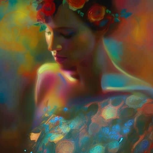 Mystic with Rose Crown in Kinetic Pointillism Style