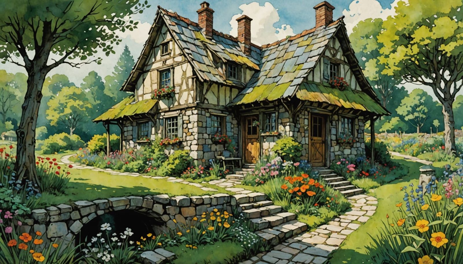 Weathered Stone Summer House in Lush Garden