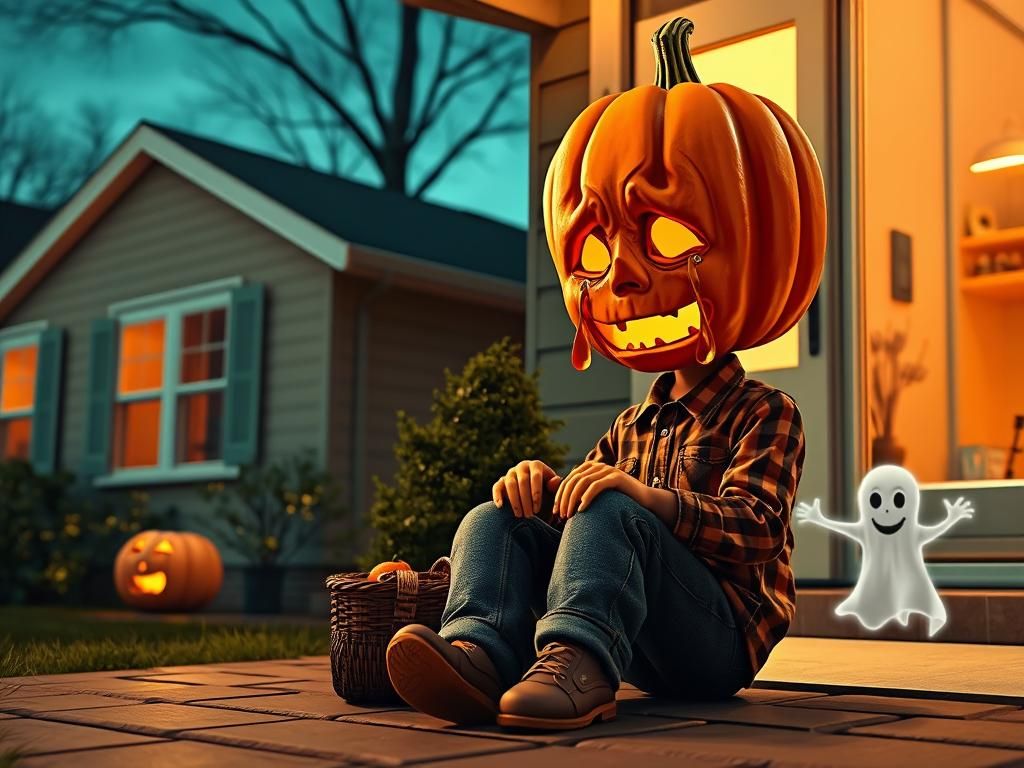 Pumpkin-Headed Boy Cries for Halloween Treats