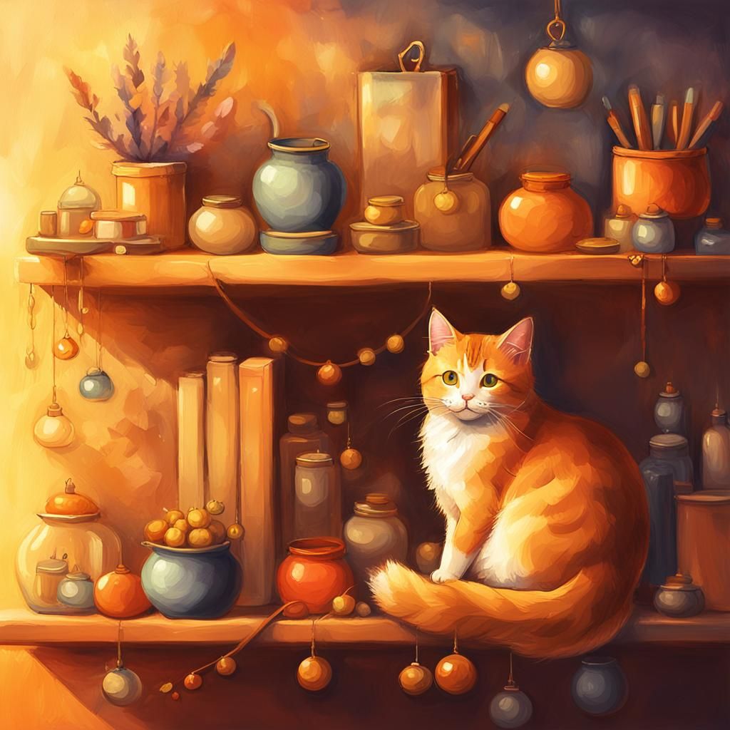 Cozy Cat on Shelf: Digital Watercolor Painting